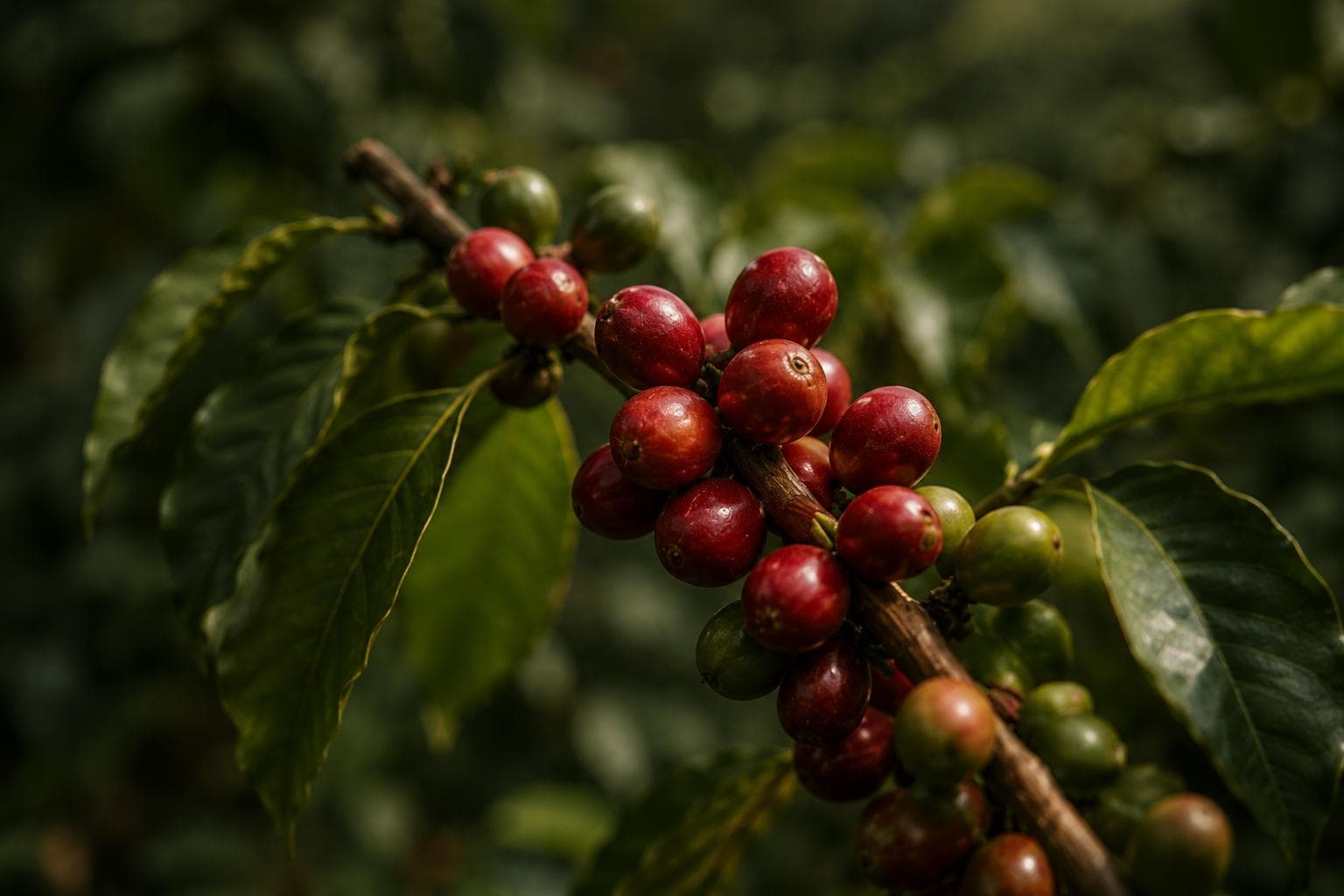 Ripe coffee cherries on the branch, red and green side by side