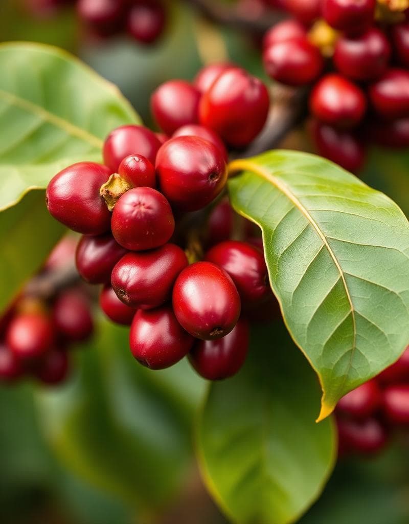 Ripe Arabica cherries on the branch, red against green leaves