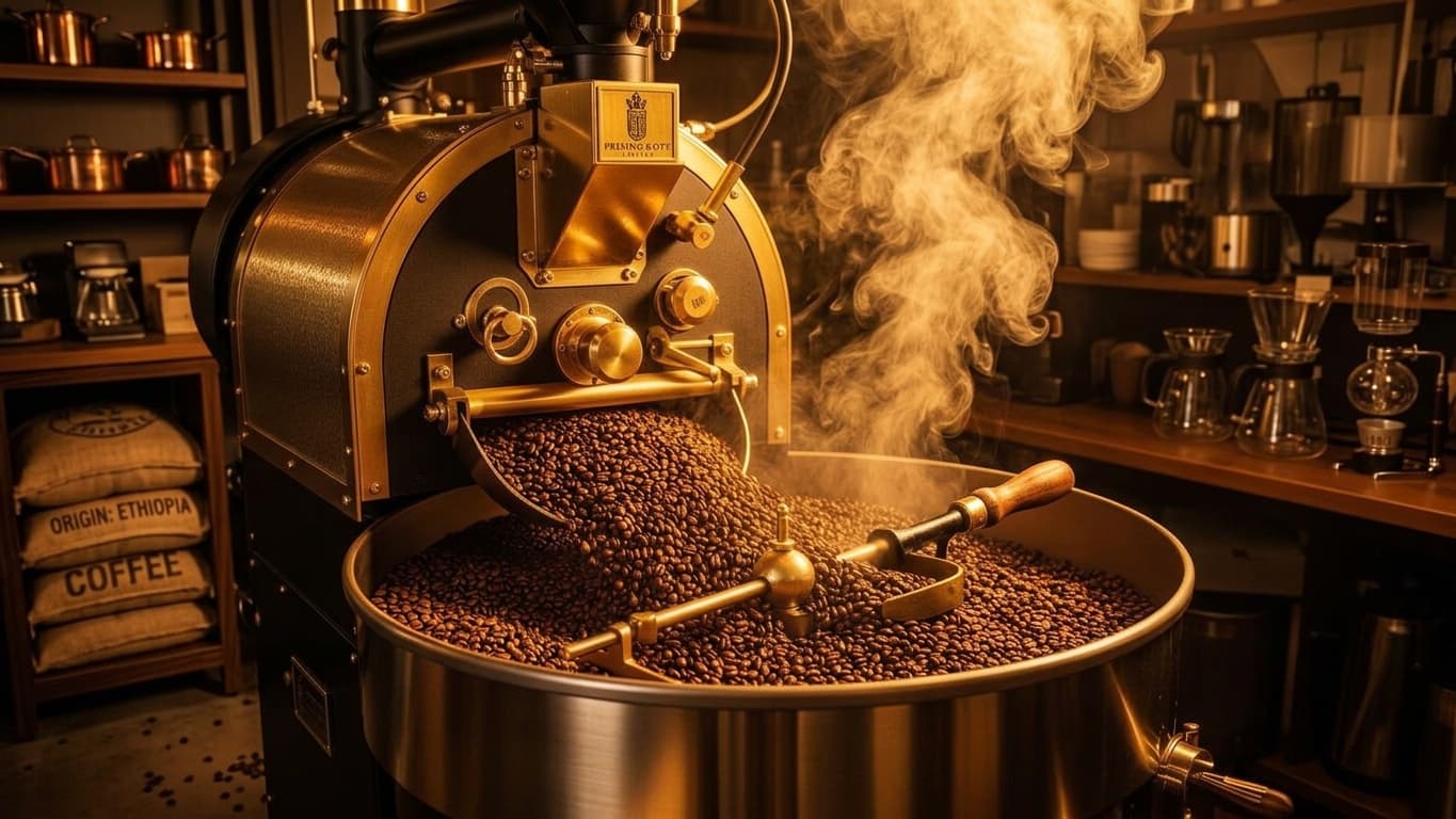 The roaster releasing a finished batch into the cooling tray