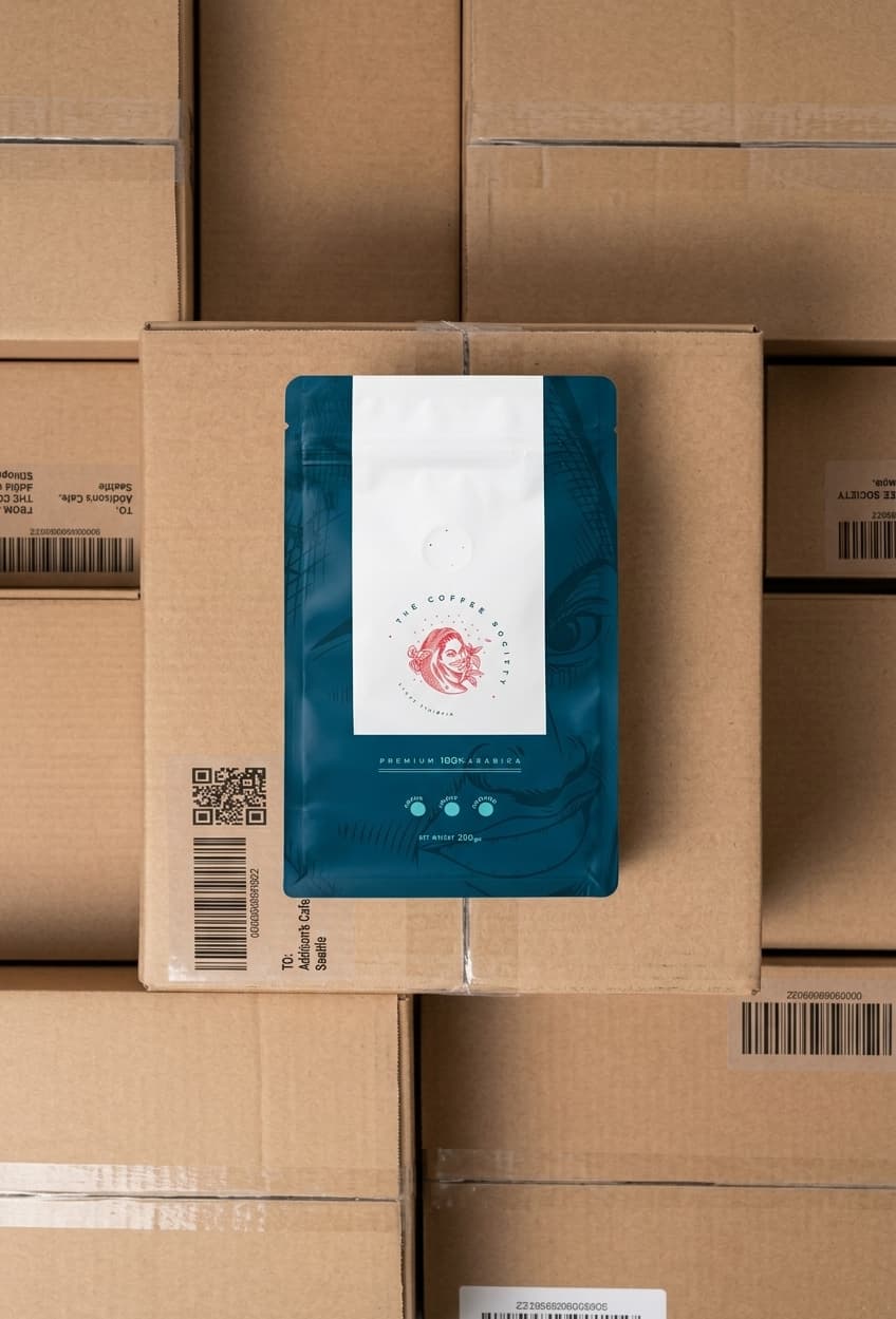 A sealed retail pouch resting on cartons ready for shipping