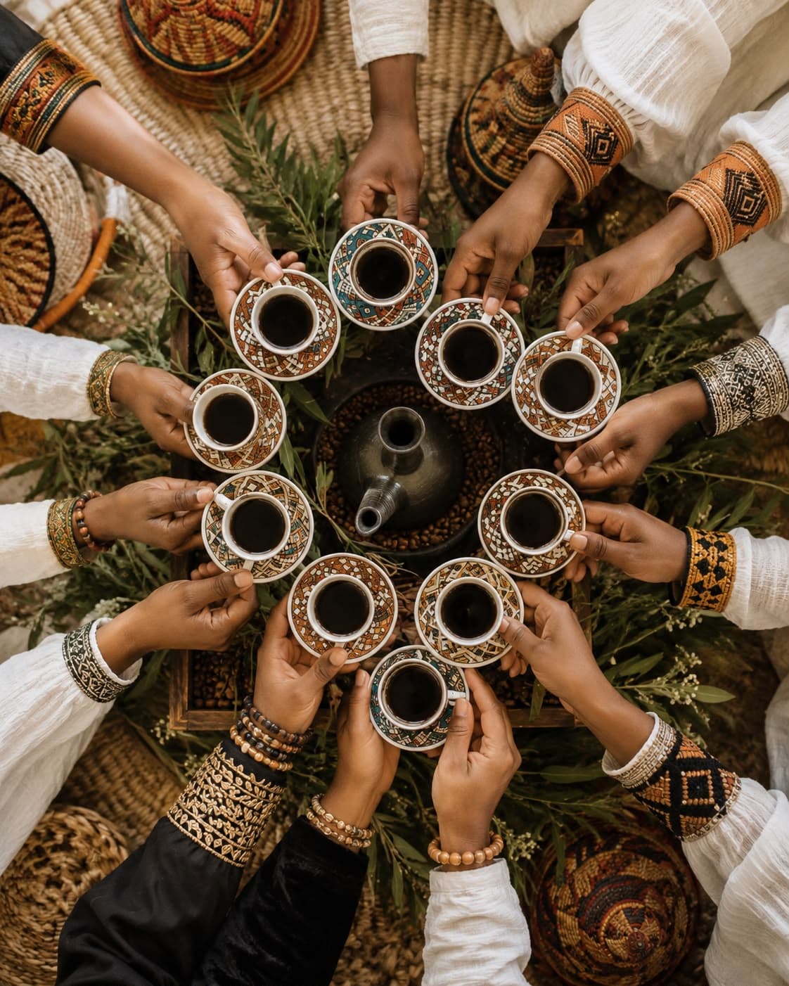 Twelve hands raising cups of coffee around a jebena, seen from above